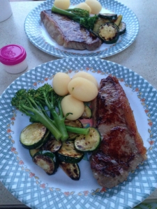steak with veggies
